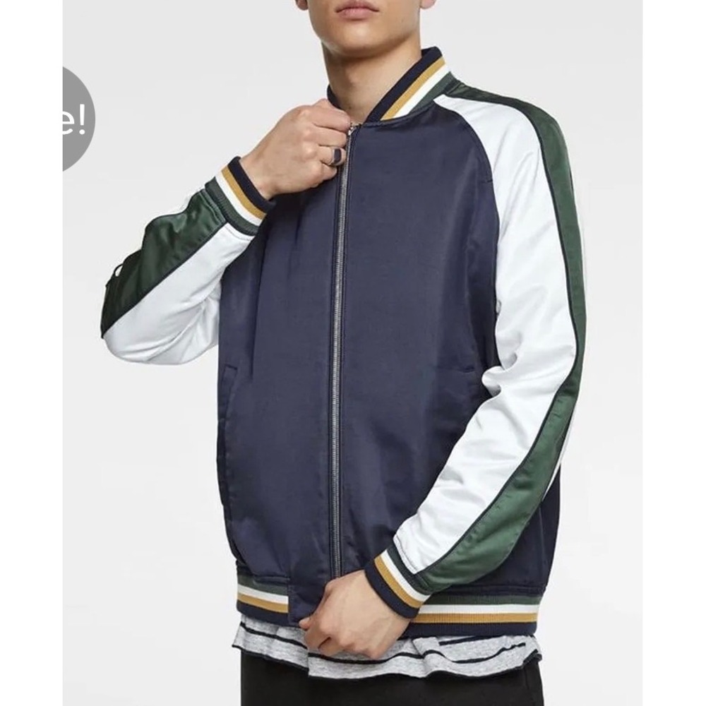 Zara Man Satin Bomber Jacket Navy Green White Retro Varsity Striped L 70s 80s
